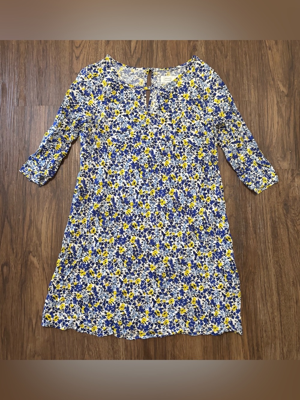 Old Navy Maternity Blue Yellow Floral 3/4 Sleeve Shift Dress Size S